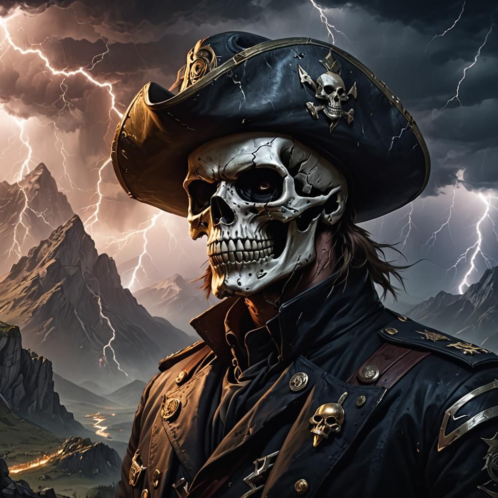 Skull Captain in Lightning Storm Over Skull Mountains