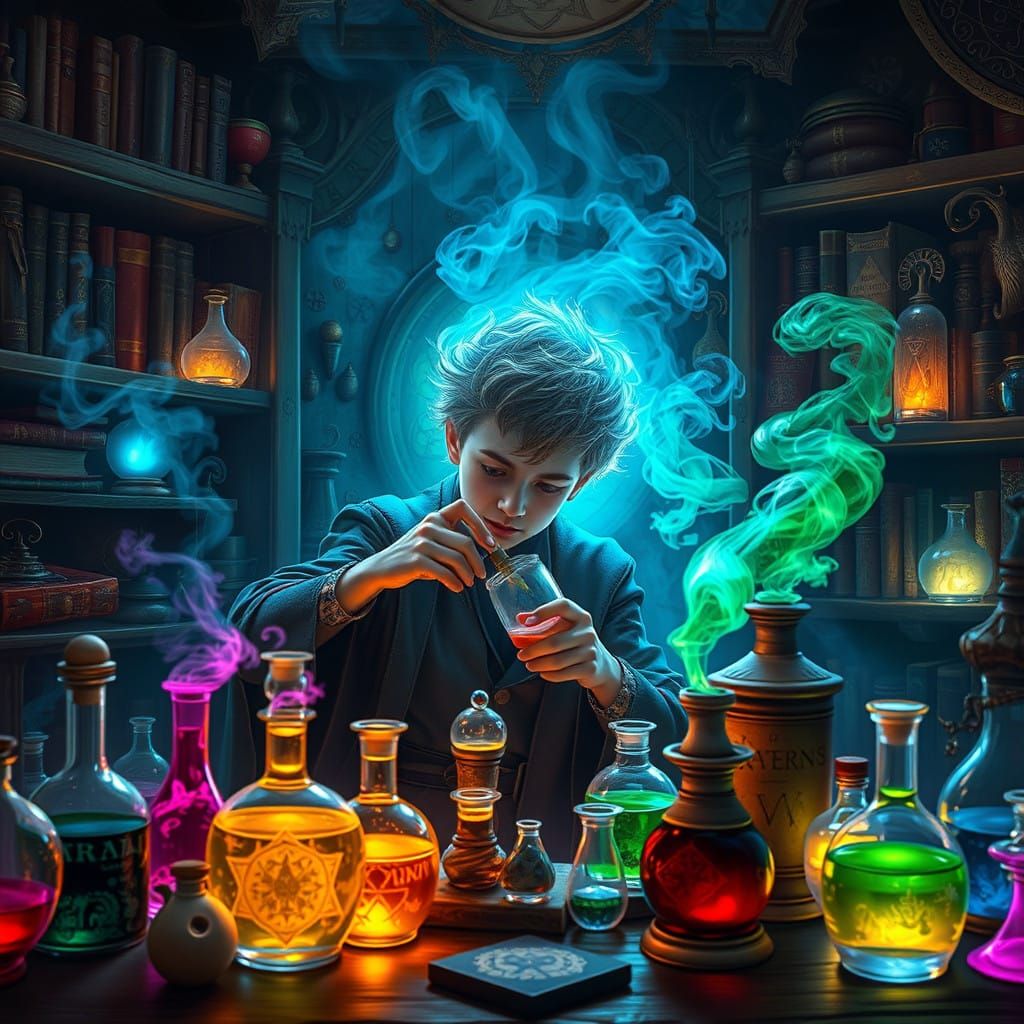 Young Sorcerer Prepares Enchanted Potions in a Mystic Labora...
