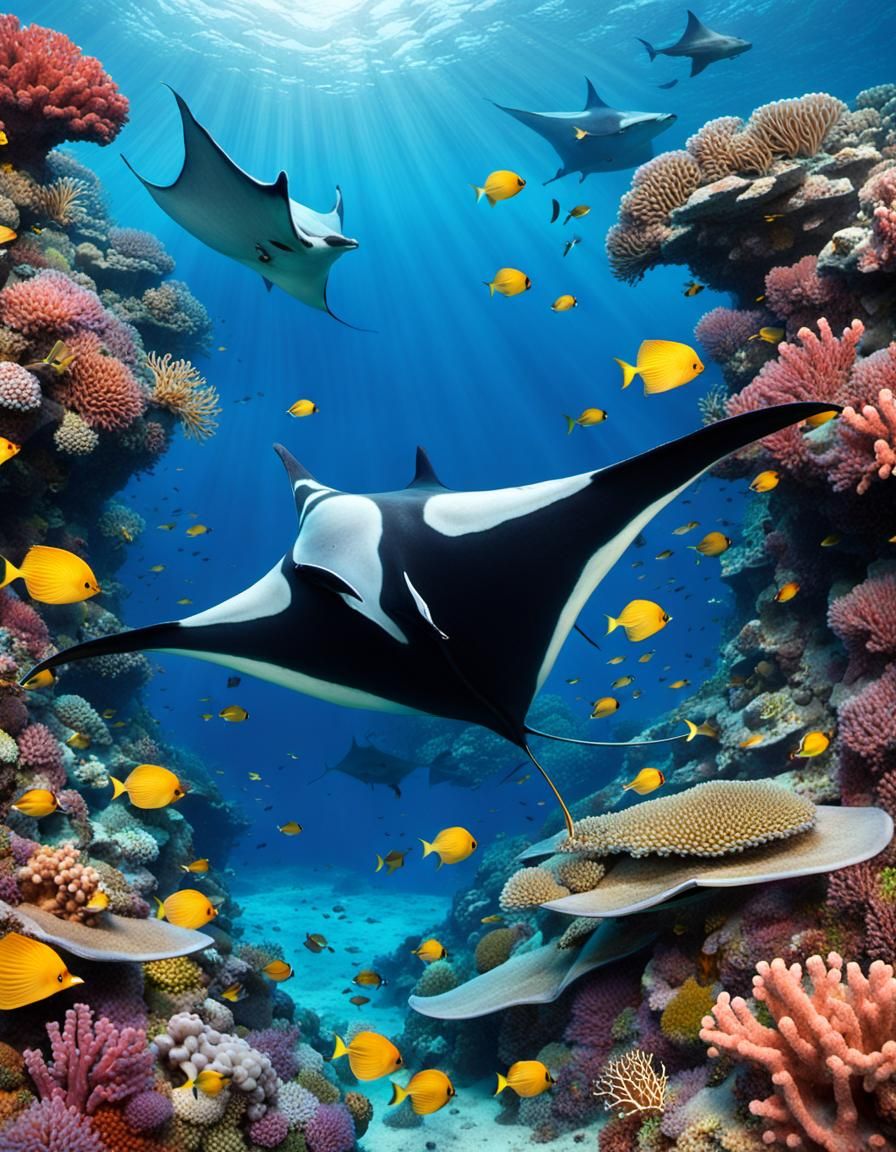 Manta Ray Gliding Through Coral Reef
