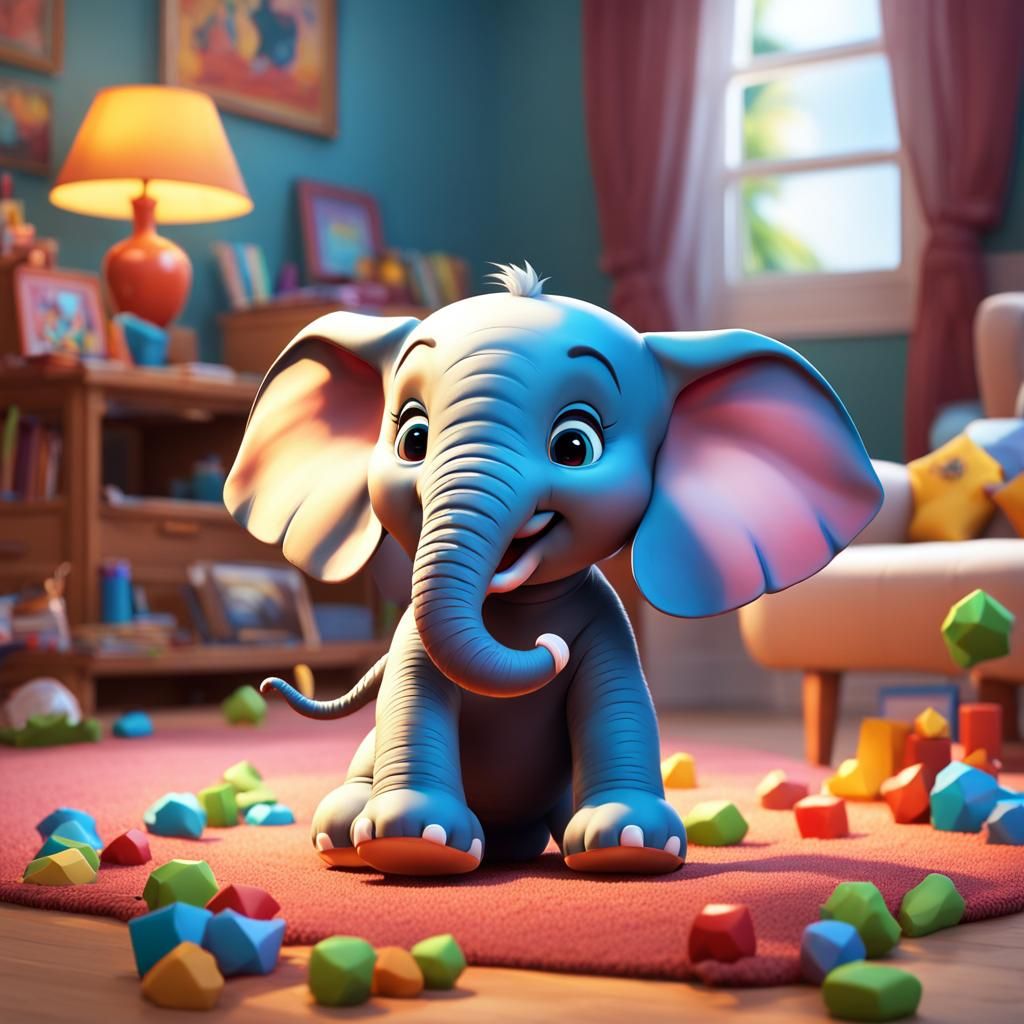 Cute Furious Baby Elephant in a Messy Living Room