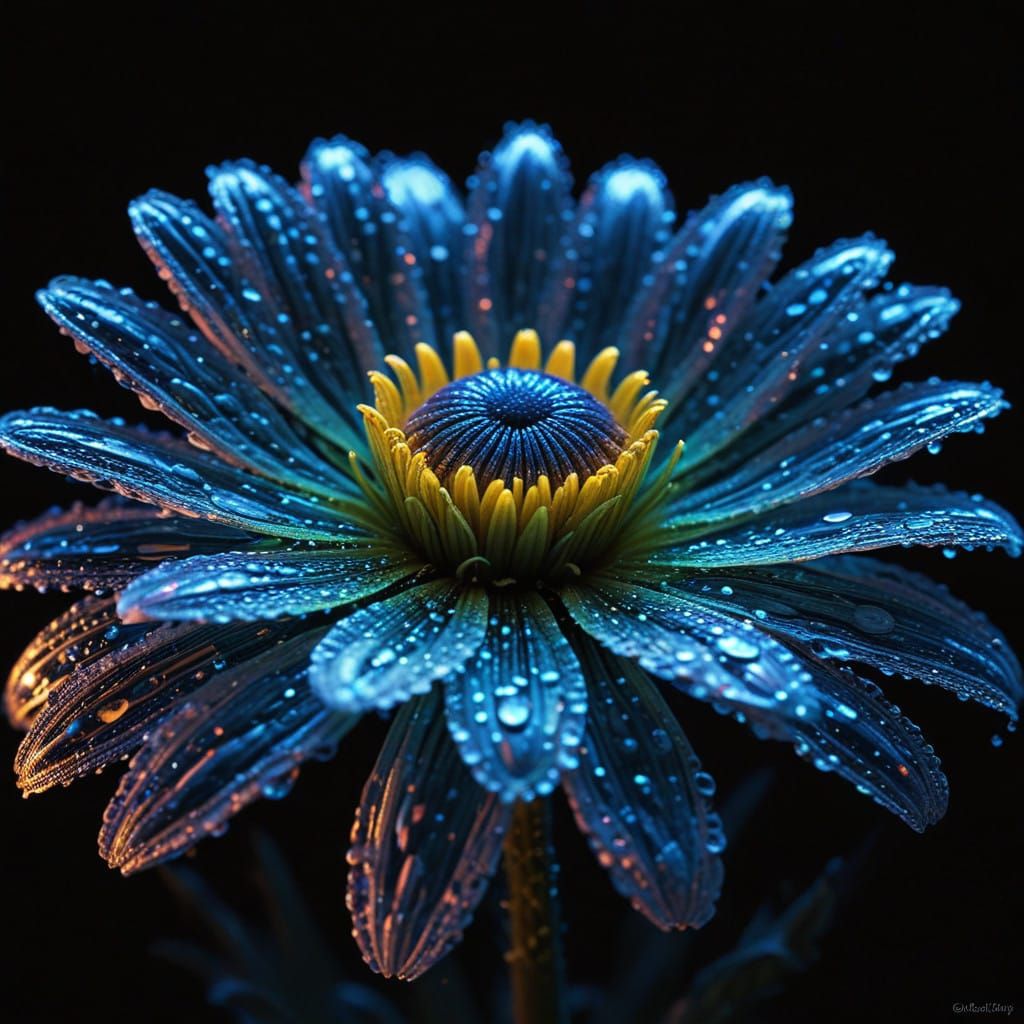Vibrant Bioluminescent Daisy in Intricate Lace Patterns