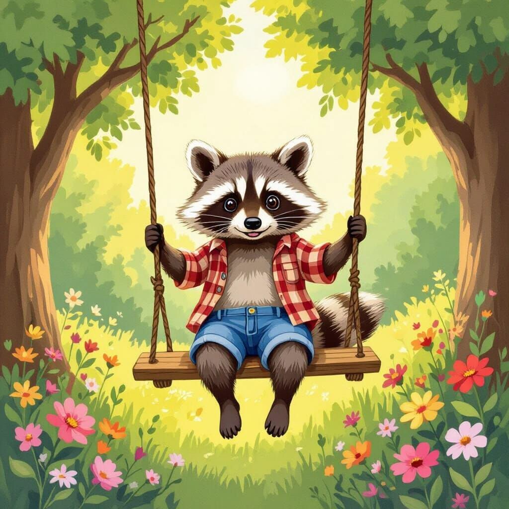 Racoon on Swing in Summer Garden, Storybook Illustration