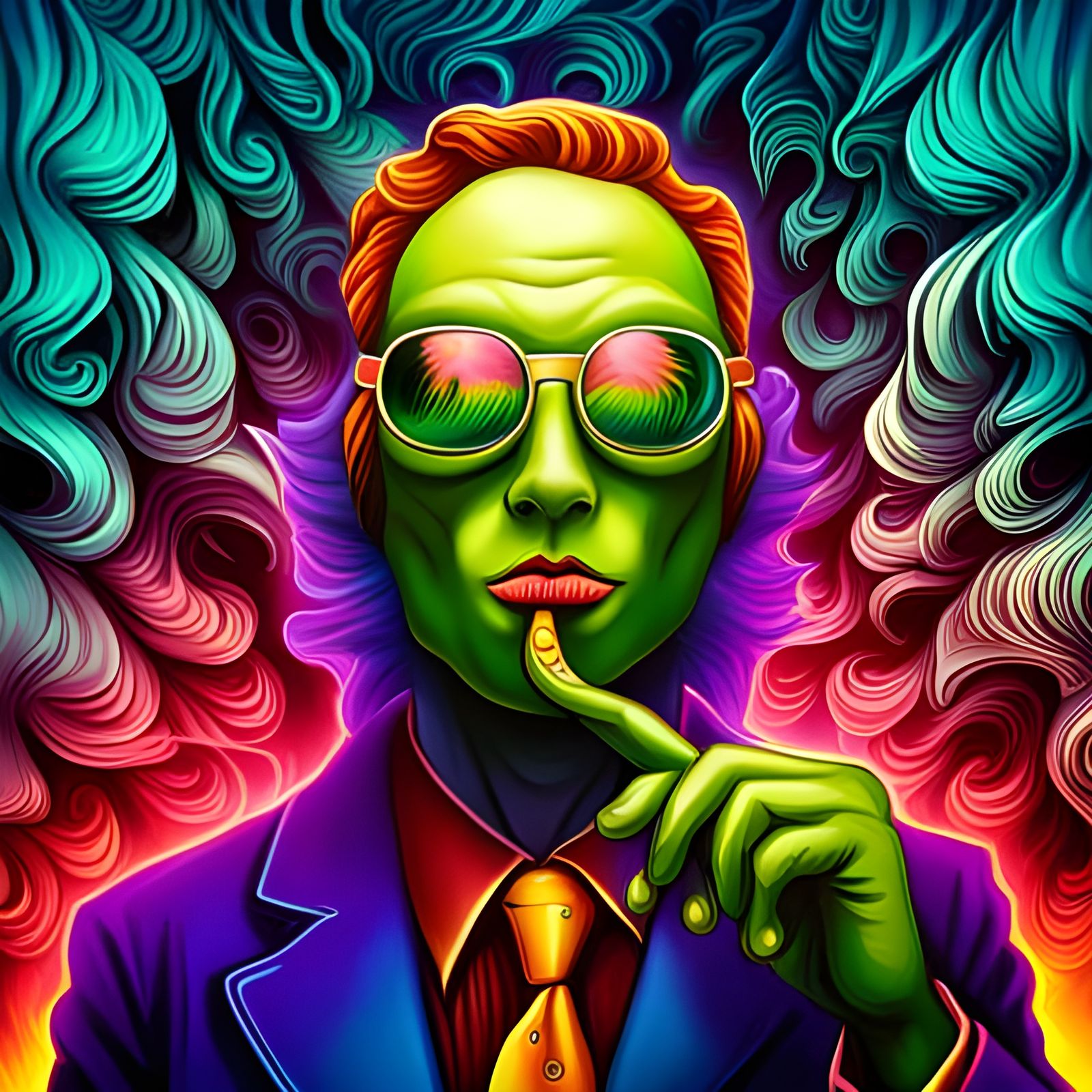 Psychedelic Alien Smoking Weed in Neon Style