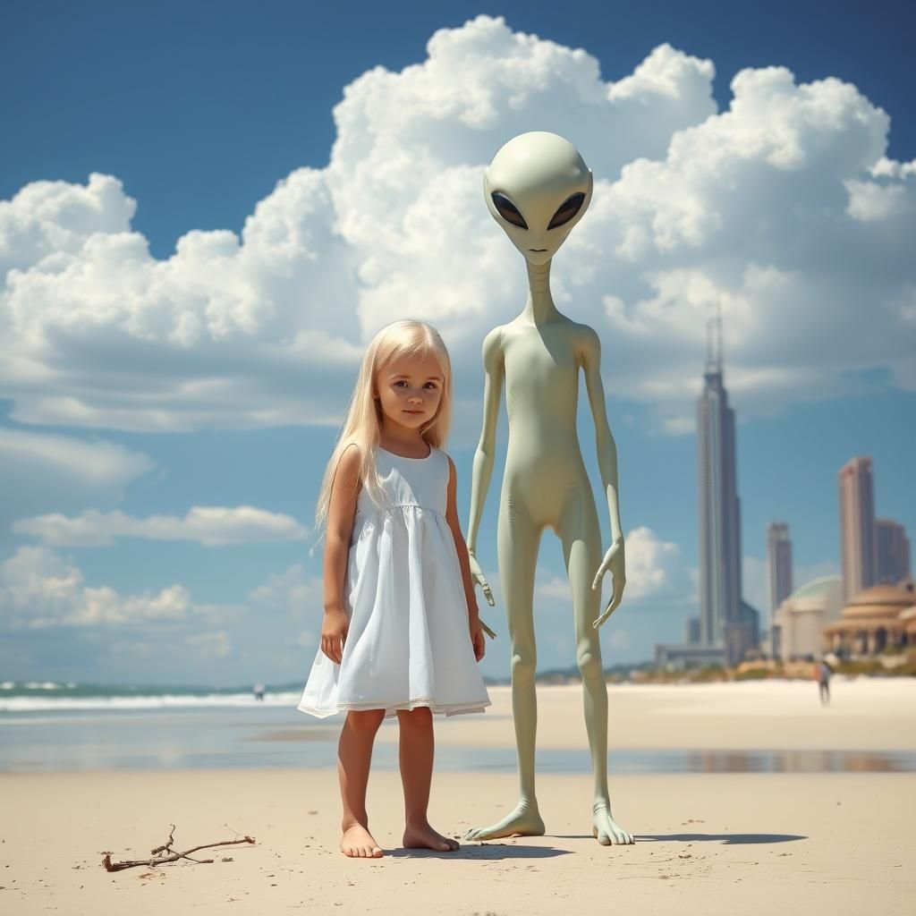 Child and Alien on a Psychedelic Beach
