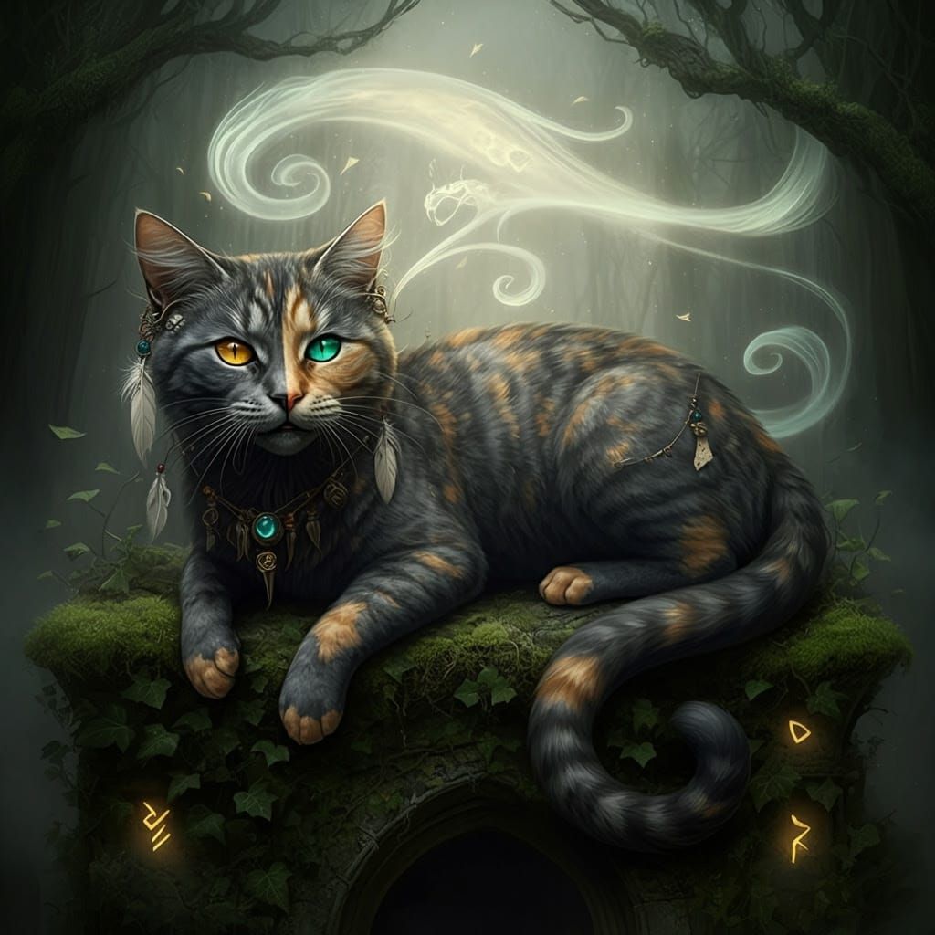 Ethereal Tortoiseshell Cat Goddess of the Misty Forests