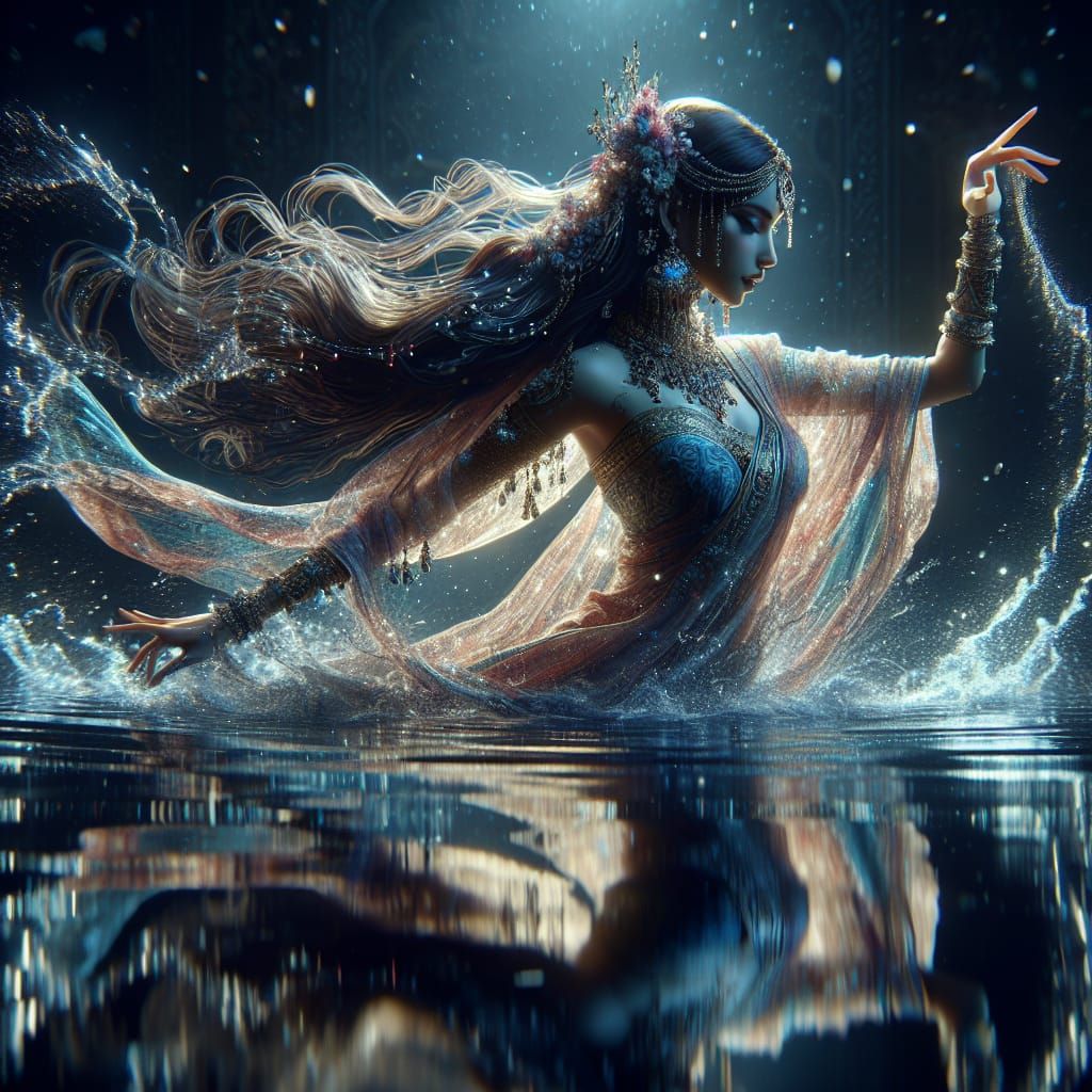 “Portrait of a Beautiful Woman Emerging from a Lake, Black Background, Motion Blur, Magic, Eldritch, Sparkling, Intricat...
