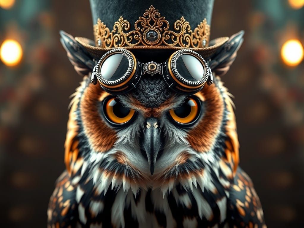 Majestic Steampunk Owl in Ornate Filigree Hat and Goggles