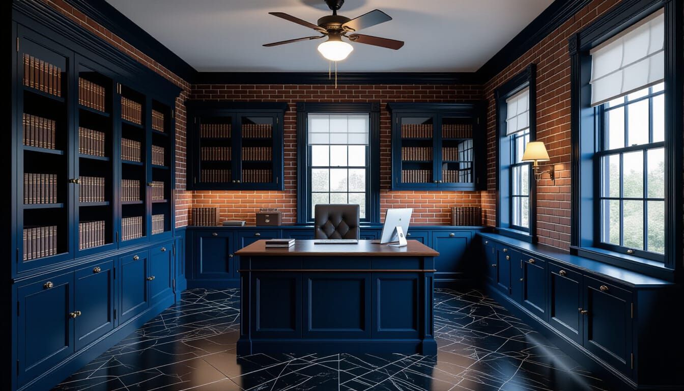 Vibrant Victorian Working Room with Dark Blue Cabinets
