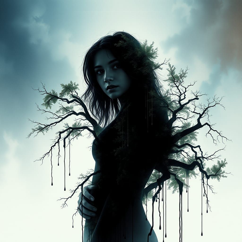 Enchanted Forest Woman Silhouette in Ink Painting Style