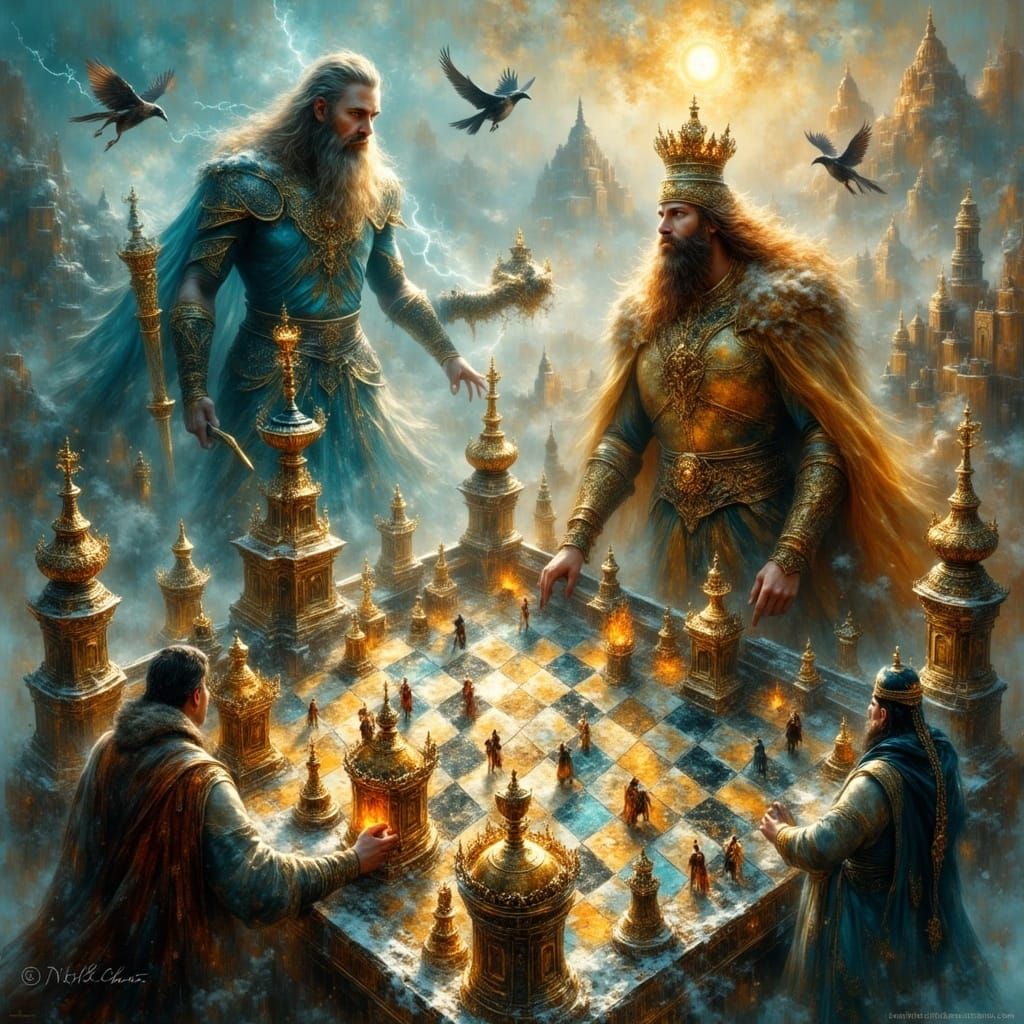 Norse and Arabic Gods Play Chess on Battlefield