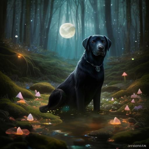 Black Labrador in Enchanted Forest at Night