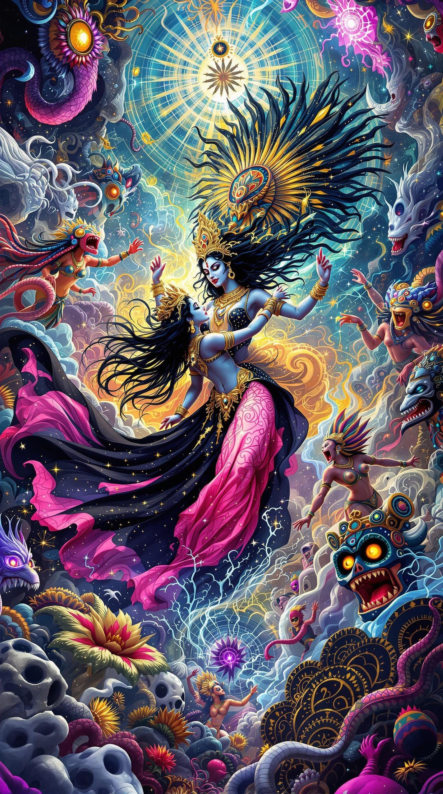 Kali and Quetzalcoatl Dance: Psychedelic Digital Art