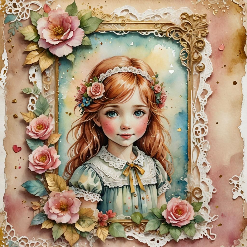 Vintage Watercolor Portrait with Floral Lace Border