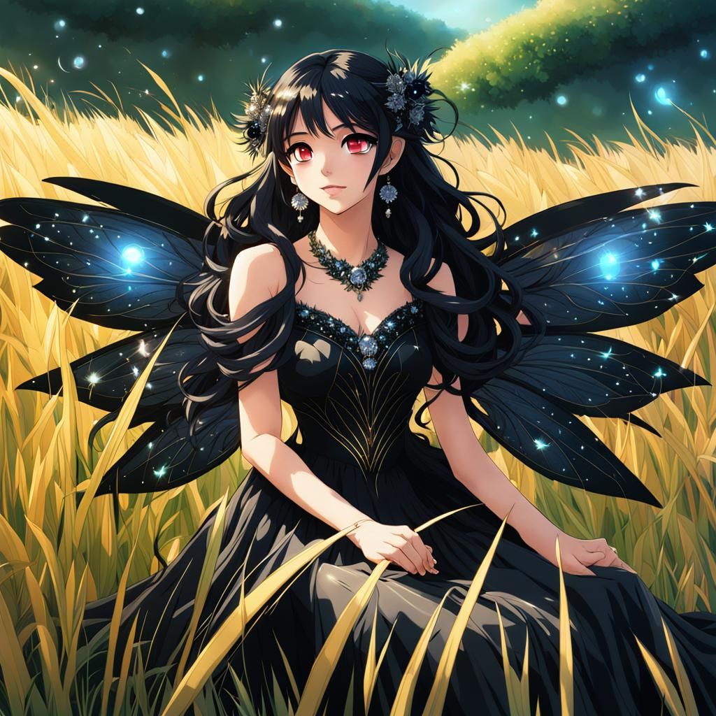 Black Fairy in Field at Night in Anime Style