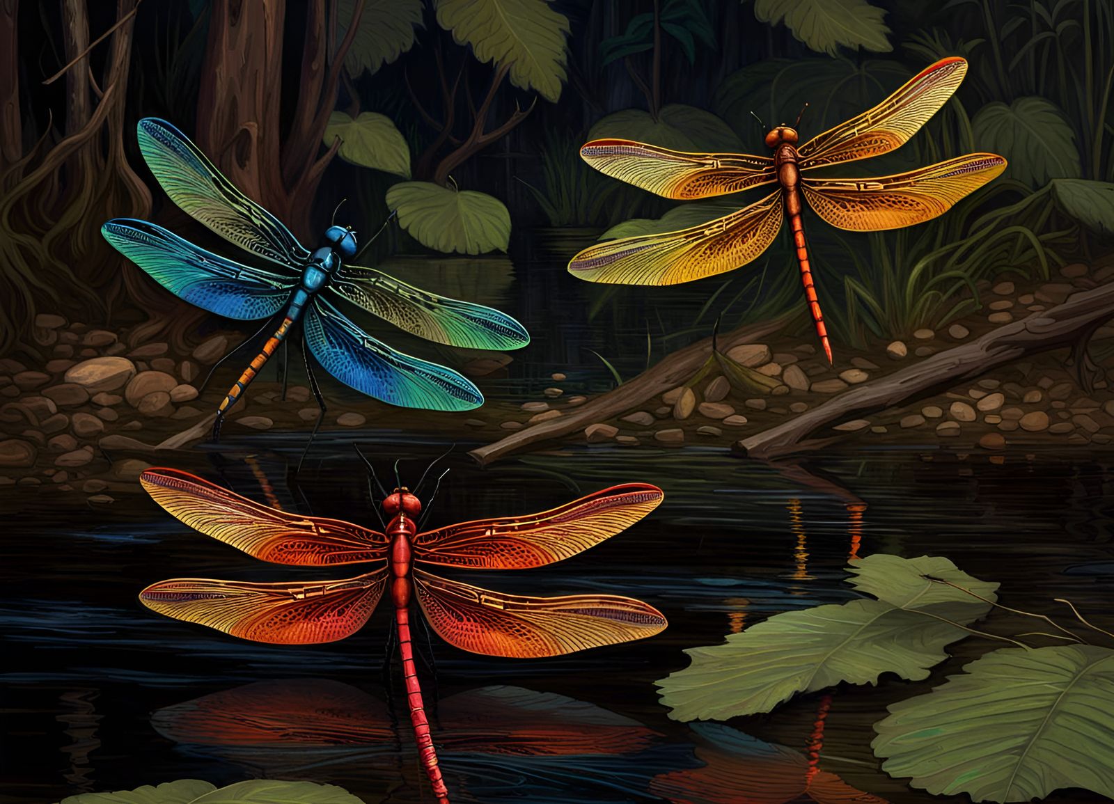 Dragonflies in a Mysterious Forest: Art Nouveau Style