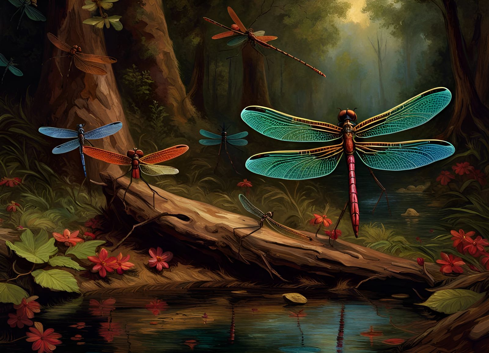 Dragonflies in Ethereal Forest: Renaissance Art Nouveau