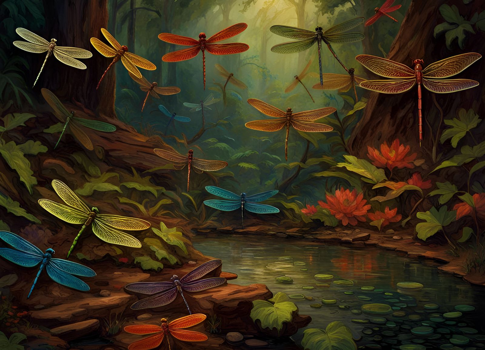 Dragonflies in a Mystical Forest, Art Nouveau Style