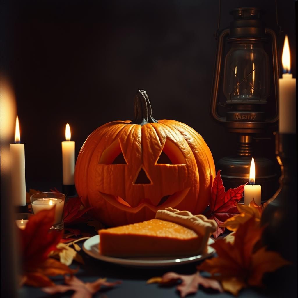 Spooky Carved Pumpkin Still Life with Autumnal Elements