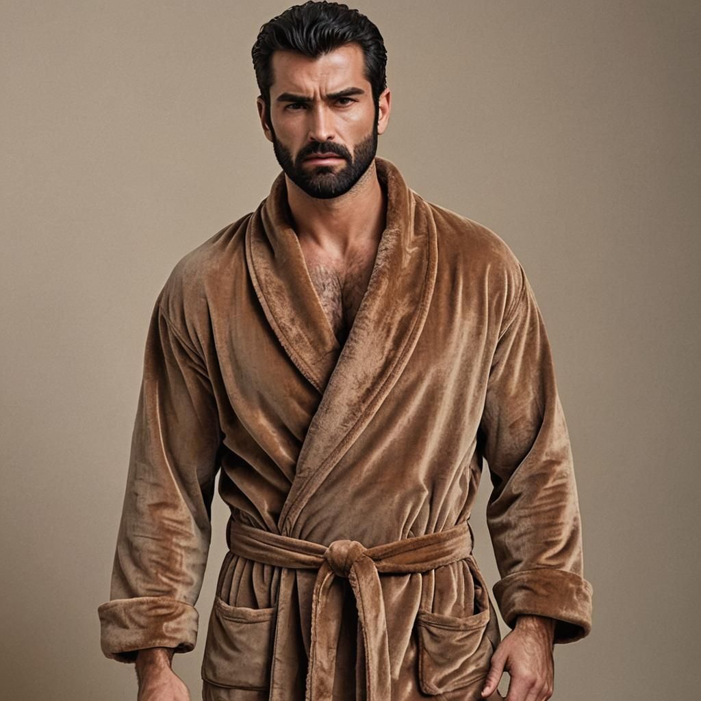 Stern Young Man with Beard in Velvet Bathrobe