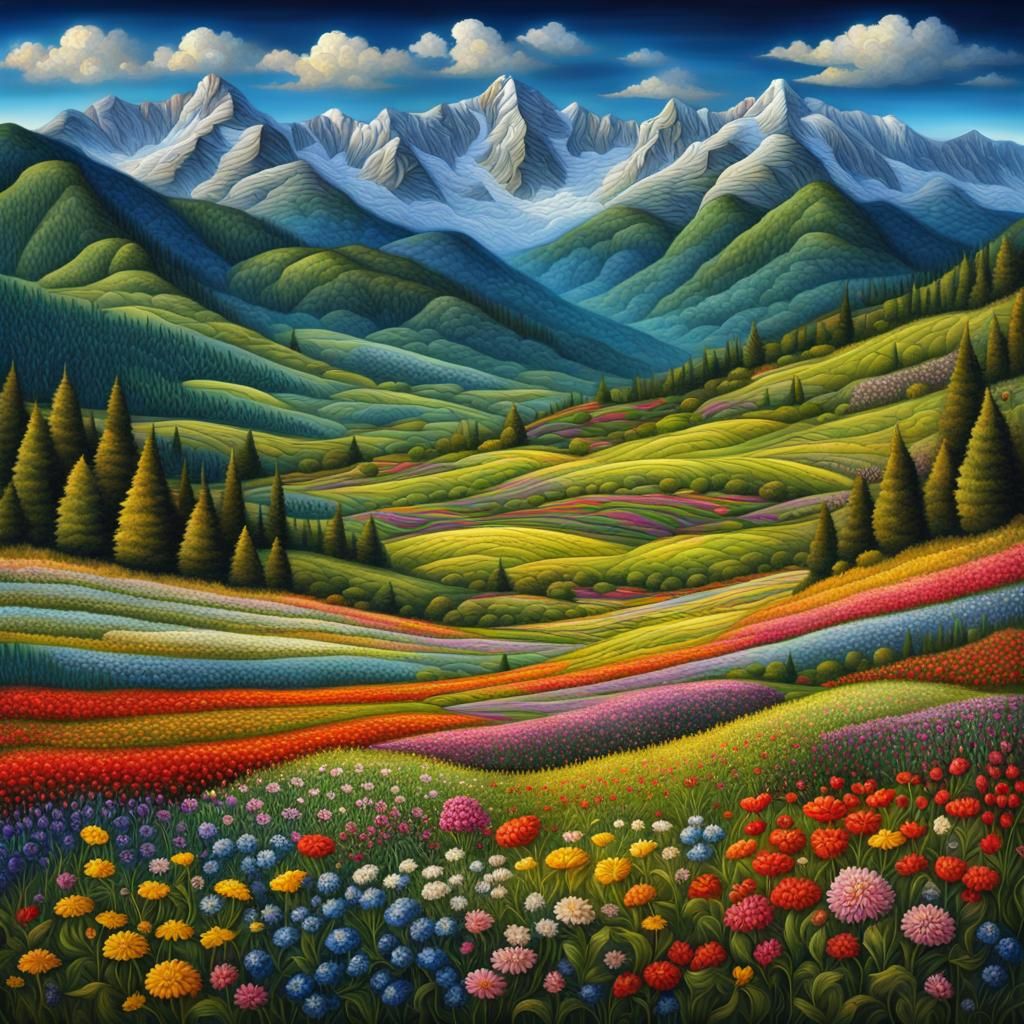 Patchwork Flowery Meadow Landscape in Cinematic Lighting