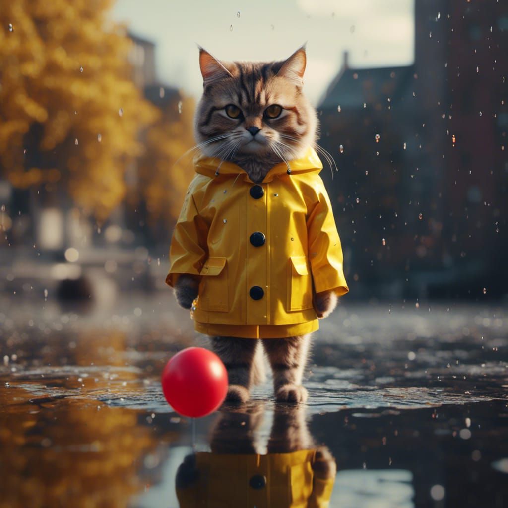 Cat in Raincoat with Balloon: Pop Art Screen Print