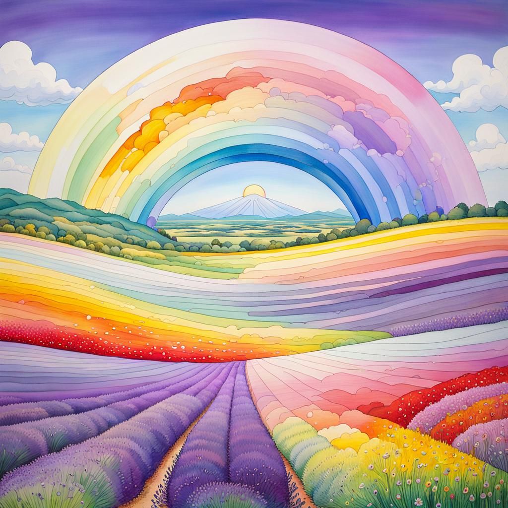 Surreal Lavender Field Under Rainbow Dome