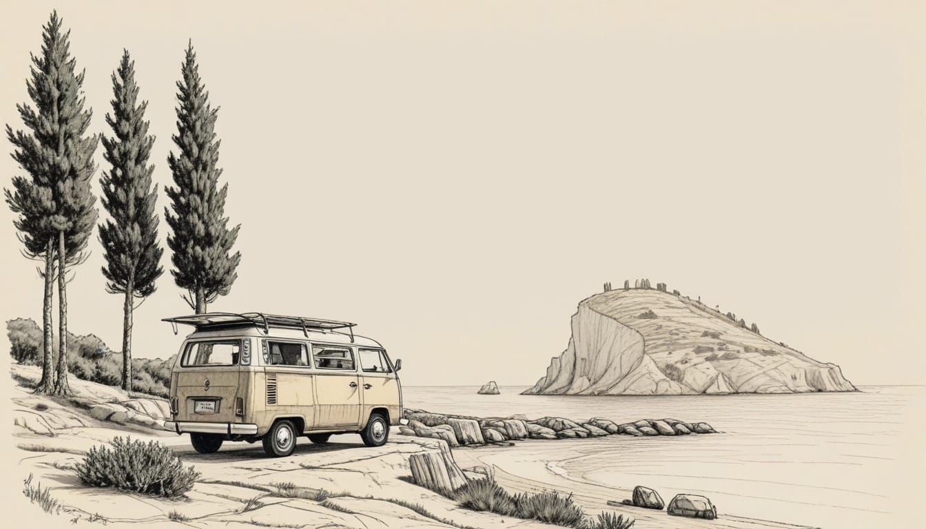 Croatian Coast VW Bus Pencil Sketch