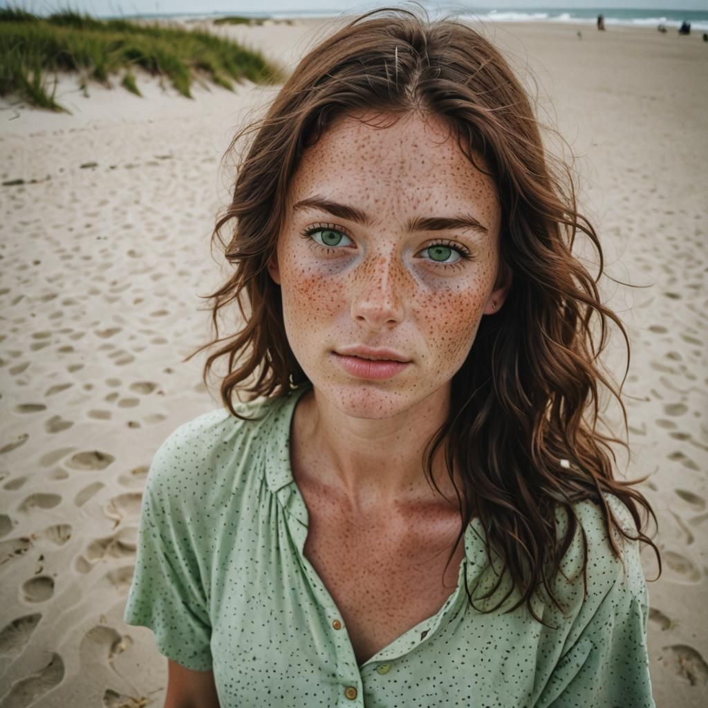Brunette Girl with Green Eyes at the Beach
