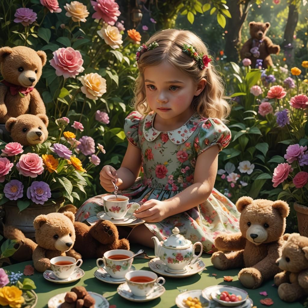 Teddy Bears Tea Party in Lush Garden, Photorealistic Style