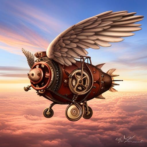 Steampunk Flying Pig with Mechanical Wings