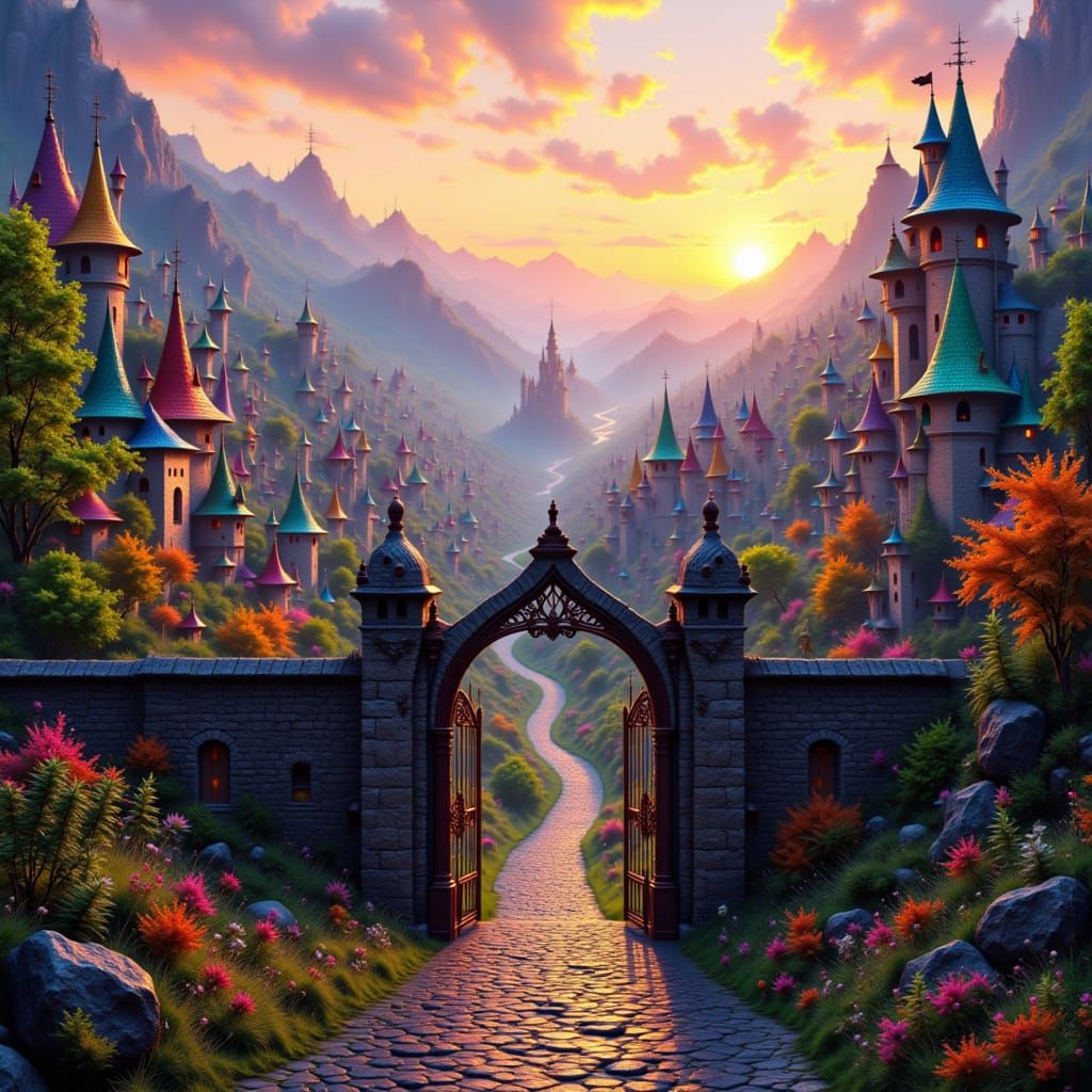 Colorful Walled Town with Fabulous Beasts in 3D Style