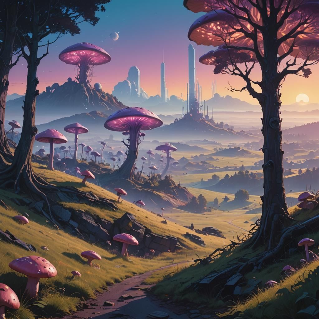 Dreamlike Surreal Landscape with Glowing Mushrooms