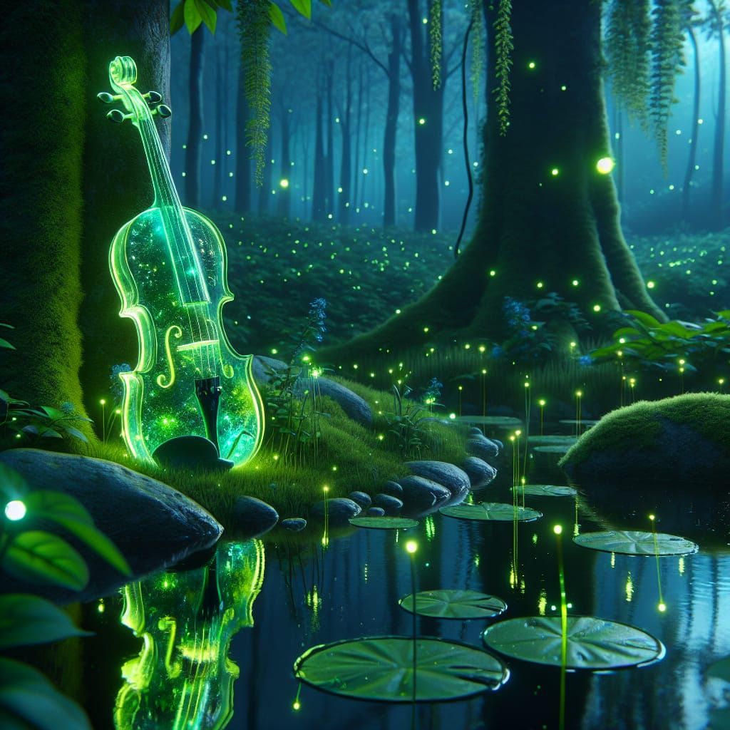 Glowing Glass Violin in Twilight Forest Scene