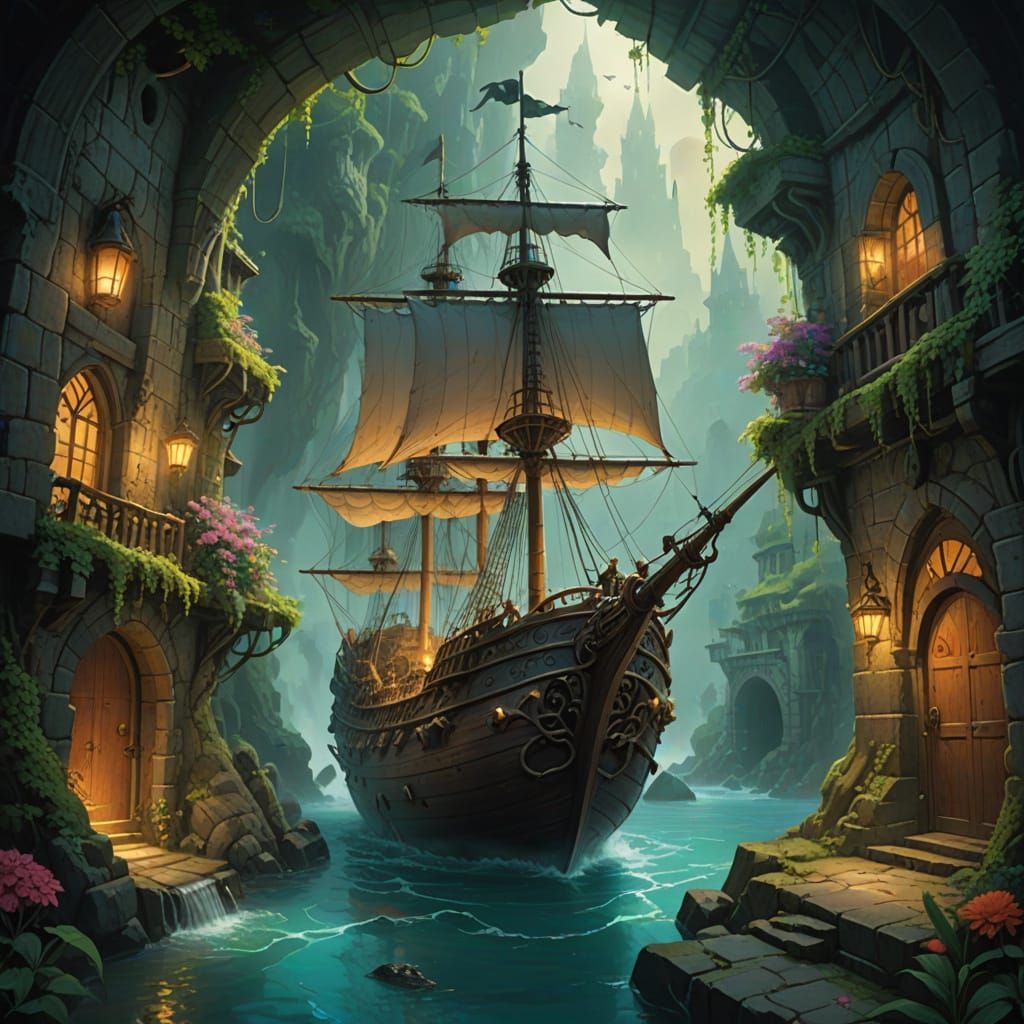 Fantastical Crystal Ship Docked in Enchanted Alleyway