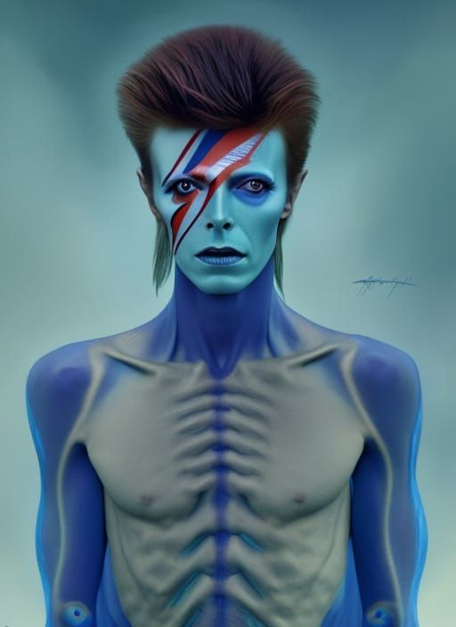 Blue-Skinned Rockstar Portrait in Art Nouveau Style