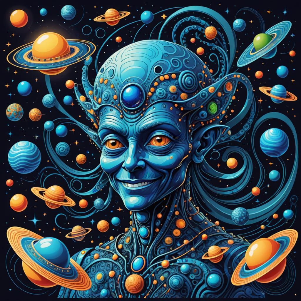 Wise Blue Alien Amidst Cosmic Wonders