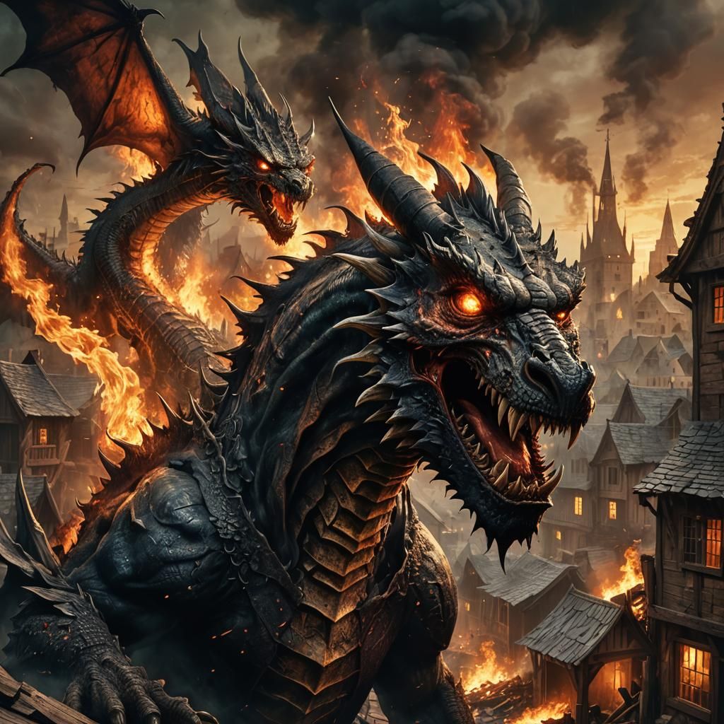 Zombie Dragon's Fiery Rampage in Dark Fantasy Style
