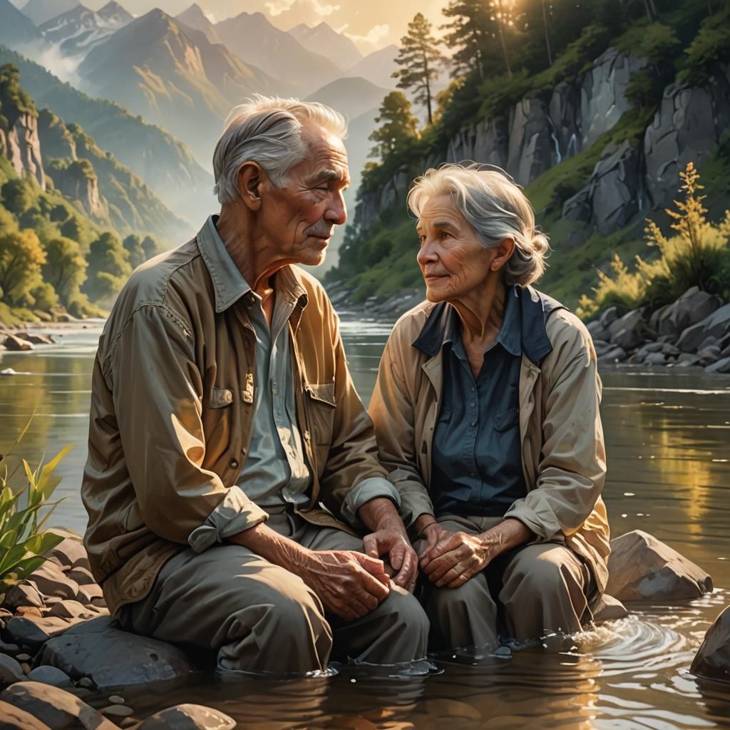 Golden Years: A Hyperrealistic Riverside Moment in Splash Ar...