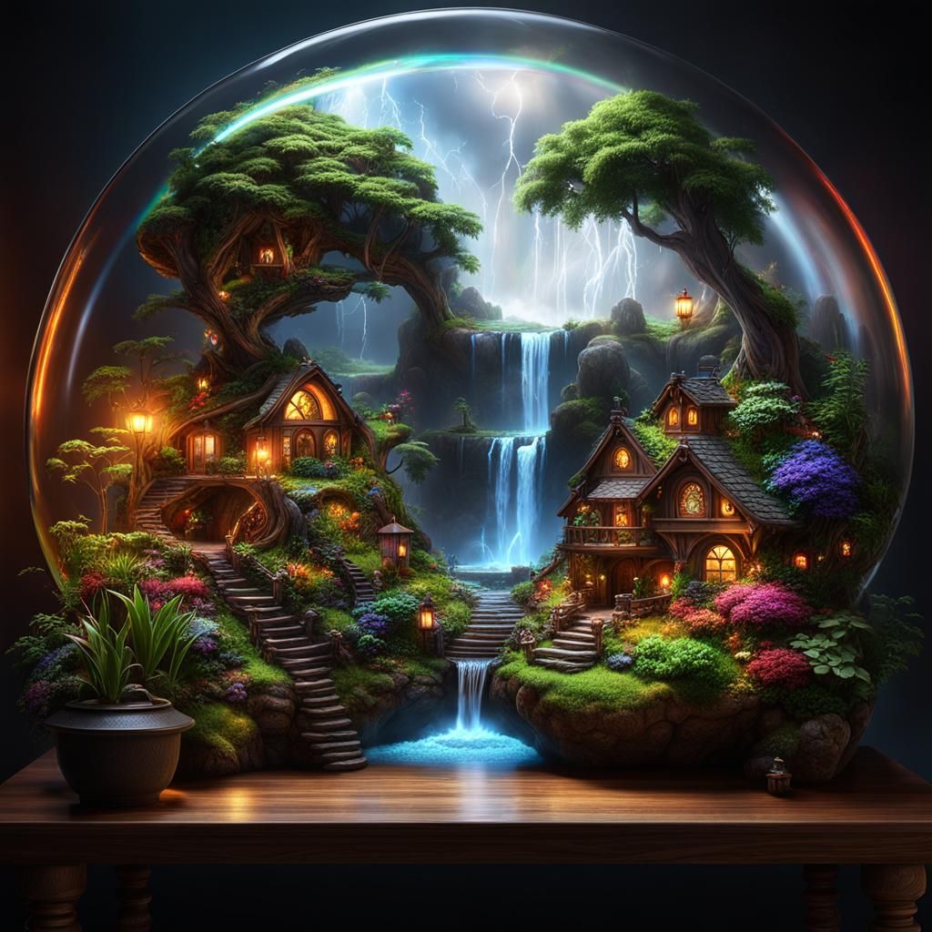 Terrarium with Storm and Hobbit House, Detailed Matte Painti...