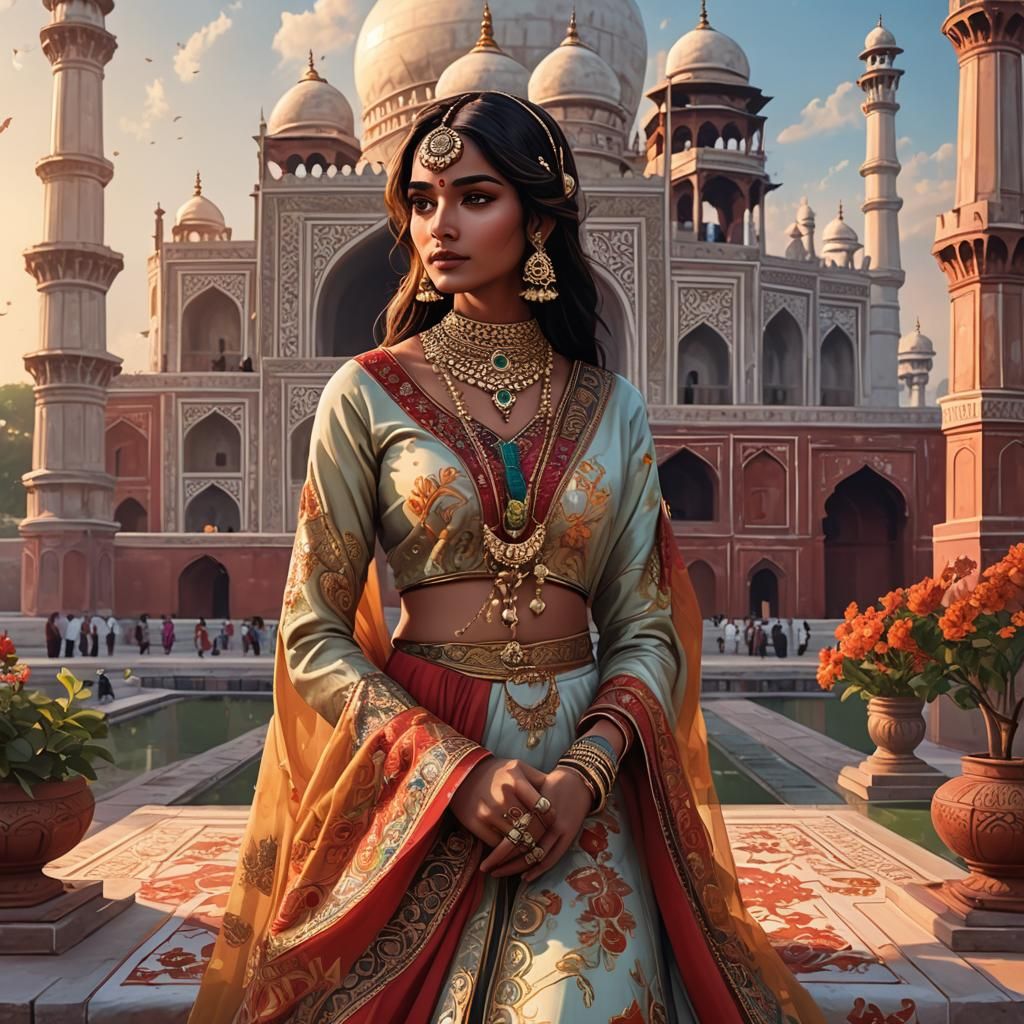 Indian Model with Henna and Taj Mahal Backdrop