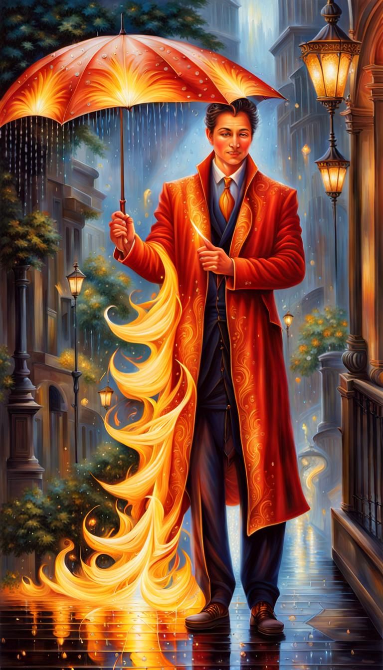 Enchanted Flame Figure with Raindrop Umbrella