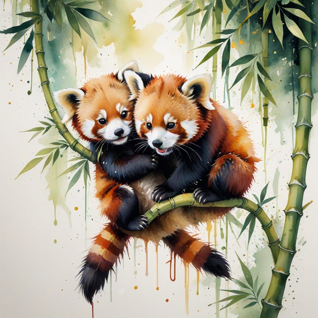 Red Panda Cubs Play in Bamboo Grove