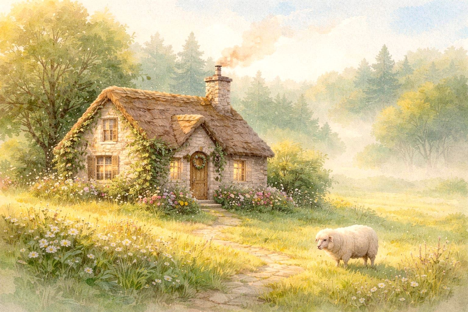 Cozy Cottage in Sunlit Meadow with Grazing Sheep
