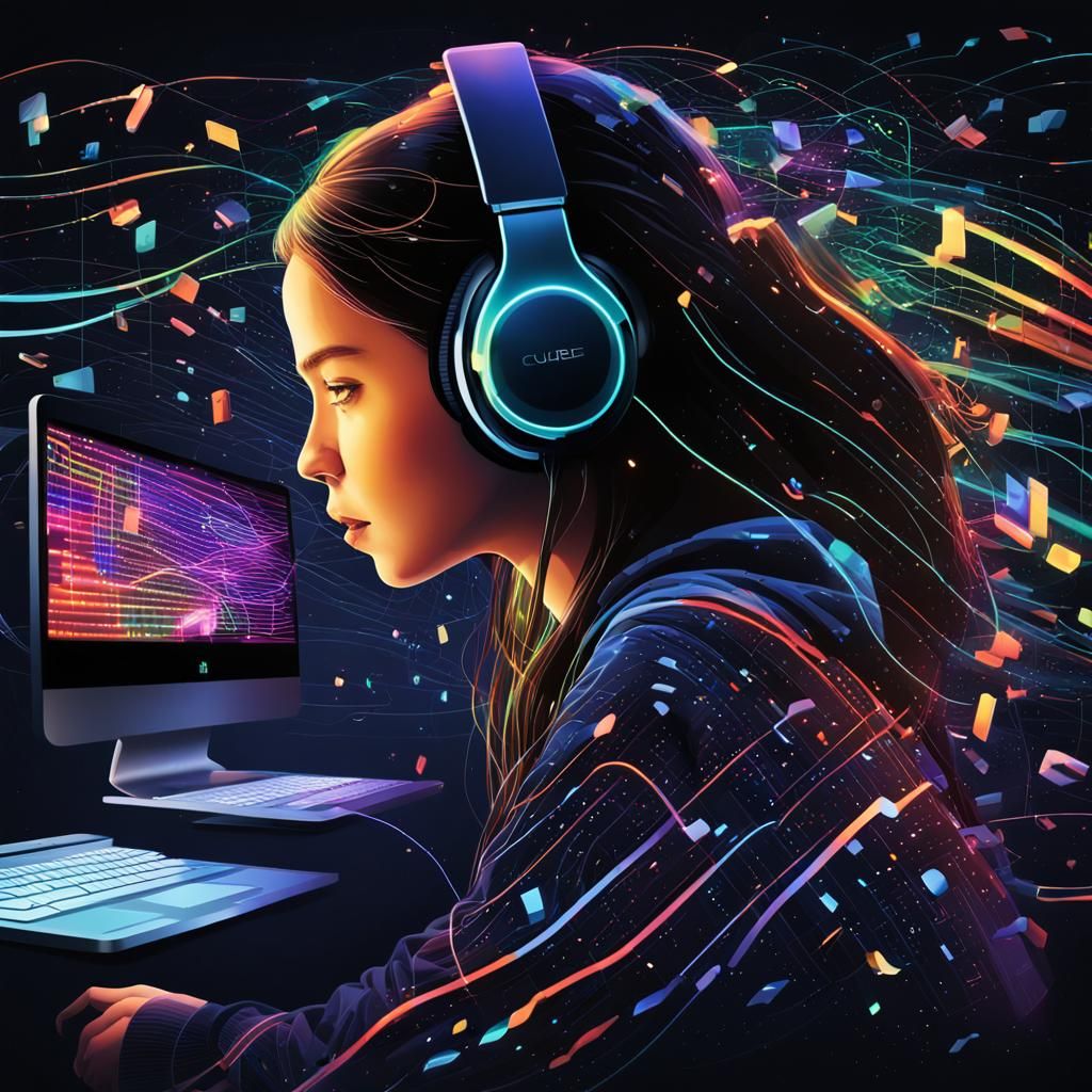 Data Streams Around Girl with Phone in Futuristic Style