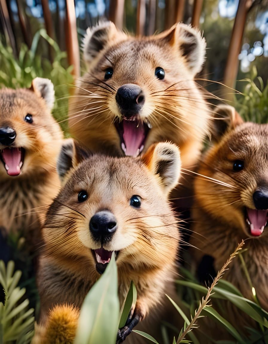 Nature's Laughter: Quokka Family's Delightful Group Selfie πΉπ¦πΊ π¨βπ©βπ§βπ¦