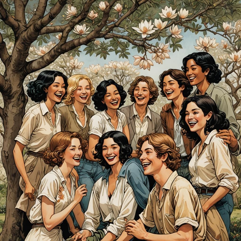 Youthful Joy Under a Blooming Magnolia Tree
