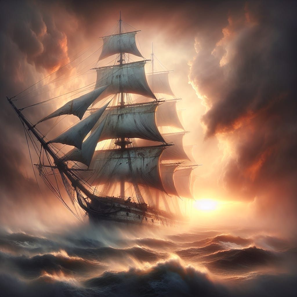 Ghostly Schooner Emerges from Storm at Sunrise