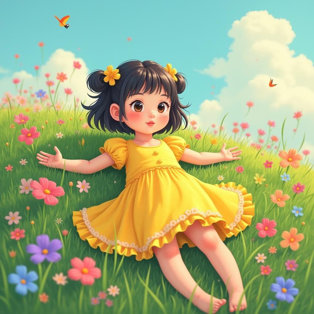 Girl in Sundress on Hillside, Digital Painting