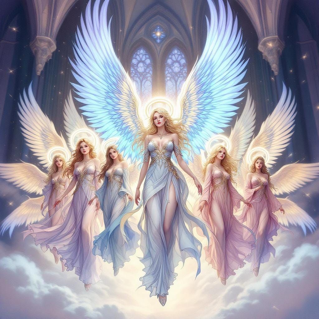 Ethereal Fantasy Angels in Stained Glass Style