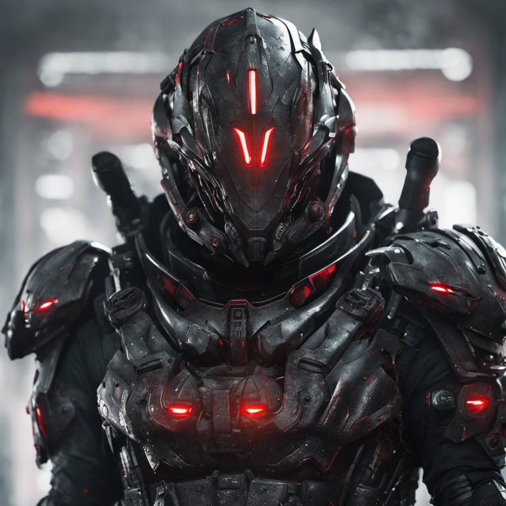 Futuristic Assassin in Damaged Armor, CGI VFX Portrait